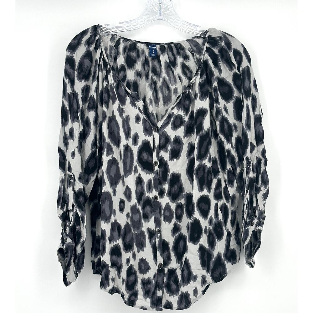 Old Navy Leopard Print Blouse Large Button Up Black White Long Sleeve Sheer Top